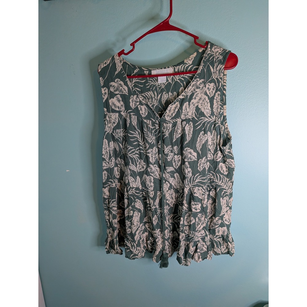Bunulu Womens XL Green Tropical Leaf Print‎ Tiered Tassel Tie Sleeveless Top